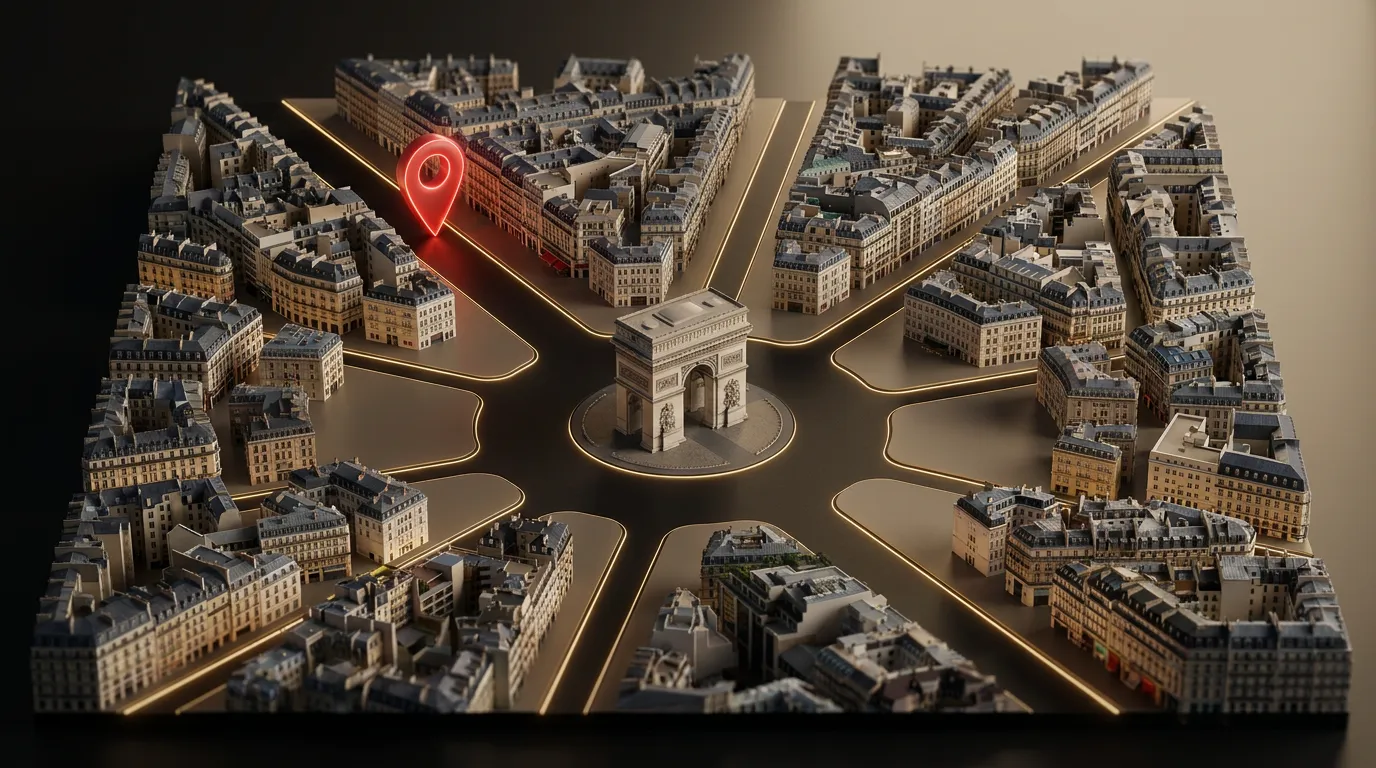 Vue 3D de la place de l'Étoile et de l'Arc de Triomphe, à deux pas du studio
